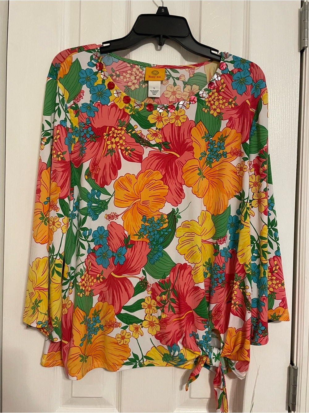Ruby Rd. Tropical Floral Tie-Hem Top - White, Pink, Yellow, Green, Blue